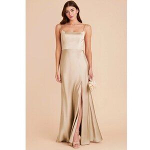 NWT Birdy Grey Mai dress matte satin gold medium maxi strappy slit scoopneck